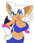  anthro armpits bat big_breasts blue_eyes bra breasts cleavage clothed clothing female gloves hair hi_res mammal michiyoshi midriff navel open_mouth rouge_the_bat simple_background smile solo sonic_(series) sports_bra underwear white_background white_hair wings 