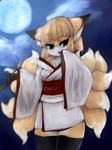  artist_request brown_eyes fox furry japanese_clothes multiple_tails open_mouth short_hair smoke_pipe stocking 
