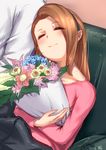 1girl bad_id bad_pixiv_id bouquet brown_hair closed_eyes commentary_request couch flower happy holding holding_bouquet idolmaster idolmaster_(classic) jewelry leaf leaning_on_person minase_iori necklace pink_shirt rose shirt signature yoshiwa_tomo 