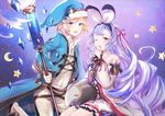  1girl akariko bare_shoulders blonde_hair brother_and_sister commentary_request drill_hair granblue_fantasy hair_ribbon hat long_hair morphe_(granblue_fantasy) one_eye_closed purple_hair ribbon siblings very_long_hair vetor_(granblue_fantasy) yawning 