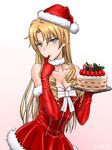  2015 blonde_hair breasts cake cleavage collarbone dress finger_in_mouth food gloves green_eyes hat holding large_breasts long_hair miura_yumiko red_dress red_gloves red_hat santa_costume santa_gloves santa_hat solo ta_(ppsh-1941) yahari_ore_no_seishun_lovecome_wa_machigatteiru. 
