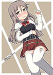  blush bow bowtie brown_background brown_eyes grey_hair kantai_collection long_hair nose_blush pepatiku pola_(kantai_collection) solo thighhighs twitter_username white_legwear 