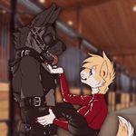  2016 anthro black_fur bondage_gear canine claws clothed clothing collar detailed_background dog duo ear_piercing female fur grey_fur hoof_gloves kokopelli-kid leather male mammal petplay photo_background piercing ponyplay roleplay size_difference smile tan_fur tongue white_fur wolf 