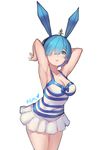 absurdres alternate_costume animal_ears armpits arms_behind_back arms_up bare_arms bare_shoulders blue_eyes blue_hair breasts bunny_ears casual character_name cleavage covered_navel cowboy_shot dress fake_animal_ears hairband highres leaning_forward light_smile lips looking_at_viewer medium_breasts re:zero_kara_hajimeru_isekai_seikatsu rem_(re:zero) short_dress short_hair solo striped striped_dress zxj 