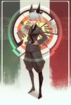  anchovy anzio_(emblem) anzio_military_uniform armband black_footwear black_shirt boots die_(die0118) emblem food full_body girls_und_panzer green_hair grey_jacket hair_ribbon italian_flag jacket military military_uniform necktie pizza red_eyes ribbon riding_crop shirt shoulder_belt smirk solo twintails uniform 