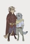  anthro caprine clothed clothing diesel_wiesel duo goat horn hybrid looking_at_viewer male mammal mustelid otter simple_background smile standing 