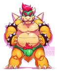  anthro bowser briefs bulge catsudon clothing front_view hands_on_hips horn koopa looking_at_viewer mario_bros moobs musclegut nintendo pubes scalie signature spiked_bracelets spread_legs spreading stading tight_clothing underwear video_games 