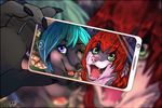  anthro blue_eyes blue_hair canine cellphone dog female green_eyes hair mammal phone red_hair selfie smile teeth tongue wolf 