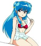  apron arm_support bangs blue_hair bra breasts choko_(20040421) cleavage double_bun long_hair looking_at_viewer medium_breasts naked_apron official_style parted_lips playing_with_own_hair purple_eyes ranma_1/2 red_bra shampoo_(ranma_1/2) sitting solo underboob underwear white_background 