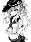  ai_takurou alternate_hairstyle anchor_symbol arm_behind_back arm_up bangs blush breasts closed_mouth collarbone cowboy_shot eyebrows eyebrows_visible_through_hair flat_cap greyscale groin hair_between_eyes hand_on_headwear hat hibiki_(kantai_collection) kantai_collection long_hair looking_at_viewer midriff monochrome navel neckerchief pleated_skirt ponytail school_uniform serafuku short_sleeves sidelocks simple_background skirt small_breasts solo standing stomach sweat white_background 