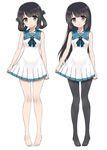  alternate_costume alternate_hairstyle barefoot black_hair blue_eyes dress dual_persona folded_hair full_body hair_down hair_rings highres long_hair multiple_girls nagi_no_asukara no_shoes pantyhose sailor_dress school_uniform serafuku shiodome_miuna standing twintails xingnai 