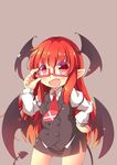  :d adjusting_eyewear bat_wings bespectacled chibi chromatic_aberration cowboy_shot demon_tail demon_wings eyebrows eyebrows_visible_through_hair fang glasses grey_background hand_on_hip head_wings highres koakuma kt_cano long_hair miniskirt necktie open_mouth pointy_ears red_eyes red_hair red_neckwear shirt simple_background skirt skirt_set smile solo tail thighs touhou v-shaped_eyebrows vest wings 