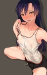  absurdres bad_id bad_pixiv_id bare_shoulders blue_hair blush breasts brown_eyes covered_nipples highres hplay idolmaster idolmaster_(classic) kisaragi_chihaya long_hair looking_at_viewer no_bra open_mouth saliva see-through shadow shorts simple_background small_breasts solo squatting sweat tank_top wet wet_hair 