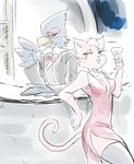  alcohol anthro avian bar beverage bird black_nose clothing dress duo falco_lombardi feline female fur hair katt_monroe legwear male mammal nintendo pink_fur short_hair star_fox suit teeth video_games white_hair もも虎 