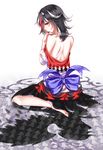  absurdres back bad_id bad_pixiv_id bare_shoulders barefoot black_hair black_nails different_shadow directional_arrow hand_on_own_shoulder highres horns kijin_seija kishin_sagume looking_back multicolored_hair nail_polish off_shoulder red_eyes red_hair sash sheya short_hair sitting solo streaked_hair touhou undressing white_hair 