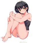  bad_id bad_twitter_id bare_legs barefoot black_hair blush crossed_legs dated feet full_body highres konbu_wakame leg_hug looking_at_viewer no_pants original panties short_hair simple_background sitting solo strapless sweat tubetop twitter_username underwear white_background white_panties yellow_eyes 