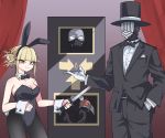  1girl 2boys absurdres animal_ears bangs blonde_hair blunt_bangs boku_no_hero_academia bow bowtie breasts bubaigawara_jin bunny_ears bunnysuit cleavage cowboy_shot dagger detached_collar double_bun fake_animal_ears hair_bun hat highres jipponwazaari leotard messy_hair multiple_boys pantyhose sako_atsuhiro smile strapless strapless_leotard tagme toga_himiko top_hat weapon wrist_cuffs yellow_eyes 