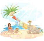  2girls alolan_exeggutor alolan_form amaamaamaou beach black_hair blanket brown_hair child day drinking drying drying_clothes exeggutor flower hair_flower hair_ornament hat multiple_boys multiple_girls ocean pokemon pokemon_(creature) pokemon_(game) pokemon_sm sarong shirt shorts sitting smile straw_hat t-shirt tan towel 