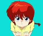  1girl blue_eyes cyocomi3 from_above genderswap looking_at_viewer looking_up ponytail ranma-chan ranma_1/2 red_hair saotome_ranma simple_background solo 