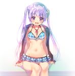  :d bangs bikini blurry breasts collarbone depth_of_field eyebrows eyebrows_visible_through_hair frilled_bikini frills groin hair_ornament jacket_on_shoulders long_hair looking_at_viewer miwabe_sakura navel neck_ribbon new_game! open_mouth plaid plaid_bikini purple_eyes purple_hair ribbon sitting small_breasts smile solo suzukaze_aoba swimsuit teeth twintails 
