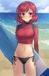  bikini black_bikini blush breasts cloud crop_top day highres holding looking_away looking_to_the_side love_live! love_live!_school_idol_project medium_breasts midriff motokonut navel nishikino_maki ocean outdoors purple_eyes rash_guard red_hair shirt short_hair side-tie_bikini sky solo standing surfboard swimsuit taut_clothes taut_shirt 