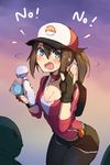 baseball_cap belt black_gloves blue_eyes blush breasts brown_hair cellphone commentary cropped_jacket english female_protagonist_(pokemon_go) fingerless_gloves flying_sweatdrops gloves gradient gradient_background hand_up hat leggings medium_breasts phone pokemon pokemon_go ponytail shorts simple_background smartphone solo vibrator waero wavy_mouth 