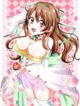  :d argyle argyle_background bare_shoulders breasts brown_eyes brown_hair buttons cleavage covered_nipples cowboy_shot detached_collar dress elbow_gloves flower_knight_girl gloves green_ribbon hair_ribbon highres jacket large_breasts long_hair looking_at_viewer masako_(sabotage-mode) nazuna_(flower_knight_girl) open_mouth panties pink_background pink_skirt ribbon see-through skirt smile solo strapless strapless_dress thighhighs underwear white_gloves white_legwear 