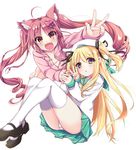  :d animal_ears barefoot beret black_ribbon blonde_hair blue_eyes blush borrowed_character cat_ears eyebrows eyebrows_visible_through_hair fangs green_skirt hair_ornament hair_ribbon hairclip hat hazuki_watora interlocked_fingers kyona_(konakona) long_hair looking_at_viewer mary_janes multiple_girls open_mouth original pink_hair pleated_skirt purple_eyes ribbon sailor_collar school_uniform serafuku shimotsuki_potofu shoes simple_background skirt smile thighhighs two_side_up unzipped v white_background white_legwear zipper 