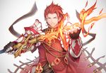  armor commentary_request fire gradient gradient_background granblue_fantasy grin holding holding_weapon looking_at_viewer male_focus nanahara_fuyuki percival_(granblue_fantasy) red_eyes red_hair simple_background smile solo sword upper_body weapon 