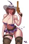  abs arm_at_side bad_id bad_pixiv_id bangs bare_arms bare_shoulders belt belt_buckle breasts brown_eyes brown_legwear buckle collarbone cowboy_shot dress dungeon_and_fighter feathers female_gunner_(dungeon_and_fighter) fishnet_legwear fishnets gem gun hair_between_eyes halterneck hat hat_feather highres holding holding_gun holding_weapon holster large_breasts legs_apart looking_at_viewer microdress mole mole_under_eye muscle muscular_female navel nipple_slip nipples o-ring panties parted_lips purple_dress seung_mo_kim short_hair signature simple_background solo stomach thigh_holster thigh_strap thighhighs torn_clothes trigger_discipline underwear weapon white_background white_hat white_panties 