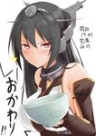  agarwood bangs bare_shoulders black_gloves black_hair blush bowl breasts cat check_translation closed_mouth elbow_gloves eyebrows eyebrows_visible_through_hair fingerless_gloves food food_on_face gloves hair_between_eyes headgear holding holding_bowl kantai_collection large_breasts long_hair looking_at_viewer nagato_(kantai_collection) number red_eyes rice rice_on_face simple_background sleeveless solo sparkle translation_request upper_body white_background 