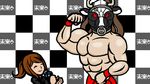  1girl asahina_aoi biceps clenched_hands closed_eyes cow_mask danganronpa danganronpa_3 flexing great_gozu hir_(crimson-396) interview microphone minna_no_rhythm_tengoku muscle nose_piercing nose_ring parody piercing ponytail pose rhythm_tengoku shirtless smile step_and_repeat style_parody wrestler wrestling_mask wristband 