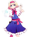  alice_margatroid arm_behind_back blonde_hair blue_dress blue_eyes blush book bow bowtie brooch capelet commentary dress embellished_costume hairband heart heart_print holding holding_book jewelry lolita_hairband looking_up puppet_rings red_bow red_neckwear sash short_hair solo string touhou white_capelet you_(noanoamoemoe) 