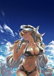  almeida_(granblue_fantasy) animal_ears bare_shoulders bikini black_bikini blue_eyes breasts cleavage cloud cowboy_shot day draph earrings food granblue_fantasy grey_hair hat highres holding horns huge_breasts jewelry long_hair looking_at_viewer navel_piercing one_eye_closed piercing popsicle redjuice sideboob sky solo sweat swimsuit twintails underboob very_long_hair 