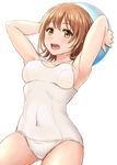  :d armpits arms_behind_head arms_up ass_visible_through_thighs ball bangs beachball breasts brown_eyes brown_hair covered_clitoris covered_nipples cowboy_shot eyebrows eyebrows_visible_through_hair highres holding holding_ball inanaki_shiki isshiki_iroha looking_at_viewer old_school_swimsuit one-piece_swimsuit open_mouth school_swimsuit short_hair simple_background skin_tight small_breasts smile solo swimsuit white_background white_school_swimsuit white_swimsuit yahari_ore_no_seishun_lovecome_wa_machigatteiru. 
