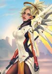  artist_name artstation_sample blonde_hair blue_eyes blue_sky bodysuit breasts cityscape cloud cowboy_shot day deviantart_username emblem from_side gloves high_ponytail highres holding holding_staff image_sample jpeg_artifacts large_breasts lips long_hair looking_at_viewer looking_to_the_side mechanical_halo mechanical_wings mercy_(overwatch) nose oana_birtea outdoors overwatch pantyhose parted_lips ponytail sky solo staff wings yellow_wings 
