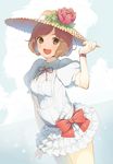  :d bangs bow brown_eyes brown_hair center_frills commentary_request cowboy_shot daigoman flower frilled_skirt frills hand_on_headwear hat hat_flower looking_at_viewer meiko neck_ribbon open_mouth overall_skirt puffy_short_sleeves puffy_sleeves red_bow red_ribbon ribbon sakine_meiko short_hair short_sleeves skirt smile solo sun_hat swept_bangs vocaloid white_skirt wristband 
