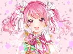  :d bang_dream! bangs bow confetti earrings flower flower_earrings gloves green_bow hair_flower hair_ornament hair_ribbon hand_up ito22oji jewelry looking_at_viewer maruyama_aya neck_ribbon open_mouth pink_background pink_bow pink_eyes pink_hair pink_neckwear ribbon see-through_sleeves short_sleeves smile sparkle striped striped_neckwear twintails upper_body white_gloves white_ribbon wrist_bow 