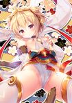  ahoge andira_(granblue_fantasy) animal_ears arm_behind_back banned_artist between_breasts blonde_hair blush breasts breasts_outside clothes_between_breasts detached_sleeves erune granblue_fantasy hairband konomi_(kino_konomi) leotard looking_at_viewer monkey_ears monkey_tail nipples partially_visible_vulva red_eyes short_hair small_breasts solo tail tears thighhighs white_legwear 