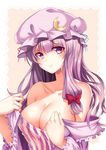  absurdres bare_shoulders blush bow breasts cleavage collarbone crescent crescent_hair_ornament dress hair_bow hair_ornament hat highres koissa large_breasts long_hair mob_cap off_shoulder patchouli_knowledge purple_eyes purple_hair red_bow smile solo striped striped_dress touhou upper_body 