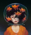 black_background black_hair closed_eyes closed_mouth commentary eyebrows fish fishbowl frown goldfish hair_over_one_eye highres ken_wong lips lipstick makeup nose orange_shirt original red_lipstick shirt short_hair solo surreal upper_body 