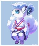  absurd_res alolan_vulpix ambiguous_gender anthro blue_eyes blue_hair clothing footwear fur hair hairpin hi_res japanese_clothing magiace multi_tail nintendo pok&eacute;mon sandals simple_background video_games white_fur 