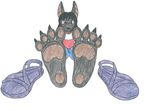  barefoot big_ears canine claws clothed clothing feet foot_fetish foot_focus footwear jackal looking_at_viewer male mammal mintymousyx_(artist) pawpads paws sandals smile soles solo toe_claws traditional_media_(artwork) 