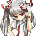  alternate_hairstyle bow breasts chidori_nekoro collared_shirt fujiwara_no_mokou hair_bow hand_on_hip jitome looking_to_the_side parted_lips red_eyes shiny shiny_hair shirt short_sleeves simple_background small_breasts solo suspenders touhou twintails white_background white_shirt 