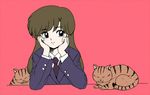  1girl animal brown_hair cat cyocomi3 female flat_color kuonji_ukyo long_hair looking_to_the_side pink_background ranma_1/2 school_uniform simple_background solo uniform upper_body 