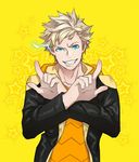  blonde_hair blue_eyes electricity grin hood hoodie jacket looking_at_viewer male_focus open_clothes open_jacket pokemon pokemon_go simple_background smile solo spark_(pokemon) star tan_(pepper) yellow_background 