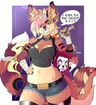  2016 anthro bandage bat belt black_nose blonde_hair blue_eyes blue_hair breasts brown_fur claws clothing collar ear_piercing english_text facial_piercing fangs female fur hair kammymau legwear long_hair looking_at_viewer mammal midriff multicolored_hair navel nose_piercing nose_ring piercing pink_eyes pink_fur pink_hair purple_hair purple_nose red_fur shirt shorts spiked_collar spikes stockings teeth text tongue tongue_piercing unknown_species white_fur 