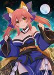  animal_ears blue_legwear blush bow breasts cleavage collarbone detached_sleeves fate/extra fate_(series) fox_ears fox_tail full_moon hair_bow hair_ribbon highres japanese_clothes koga_rejini large_breasts light_smile looking_at_viewer moon pink_hair ribbon solo tail tamamo_(fate)_(all) tamamo_no_mae_(fate) yellow_eyes 