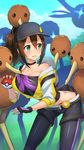  absurdres baseball_cap blush breasts doduo female_protagonist_(pokemon_go) fingerless_gloves gen_1_pokemon gloves green_eyes hat highres holding holding_poke_ball large_breasts long_hair panties pants_pull pantyshot poke_ball pokemon pokemon_(creature) pokemon_go ponytail shouhei solo sweat tears too_many underwear you_gonna_get_raped 