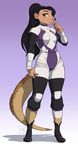  anthro black_hair bodysuit boots clothing female footwear hair kittydee looking_at_viewer mammal pangolin scales simple_background skinsuit solo standing tight_clothing 